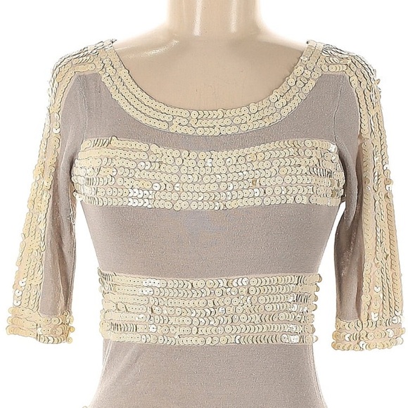 French Connection Tan & Cream Tiered Sequin Wool Blend Midi Dress Size 6 Small S - Picture 6 of 6